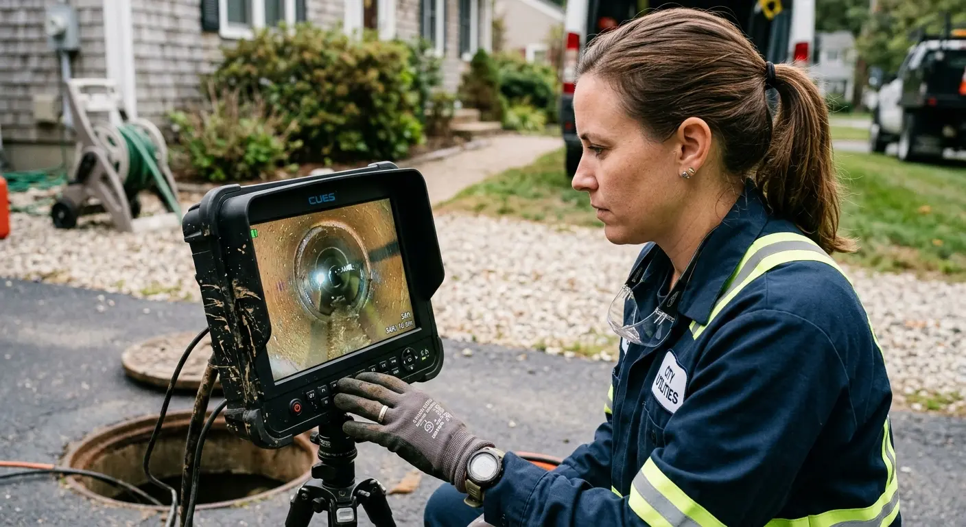 Technician reviewing sewer camera inspection footage in Bossier City