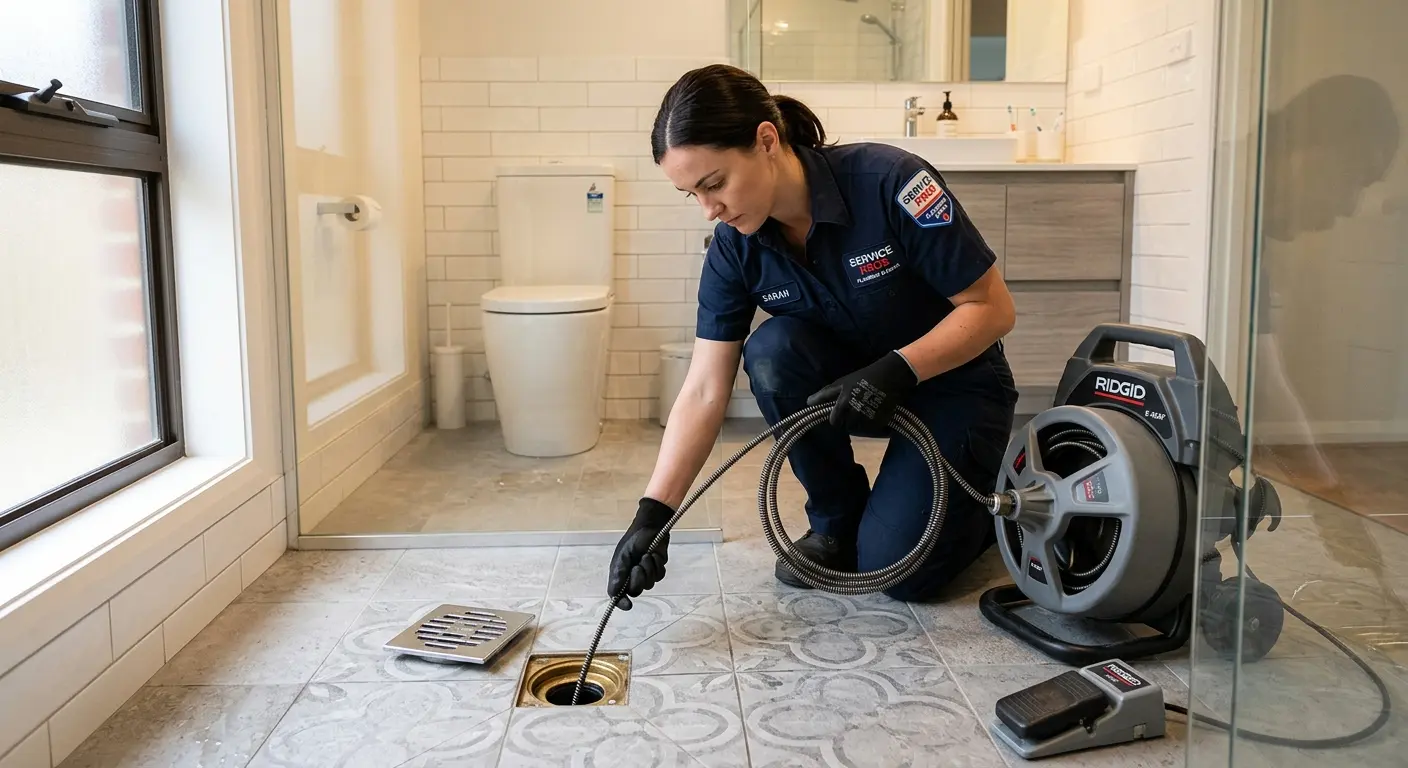Technician clearing a bathroom floor drain for Drain Cleaning in Bossier City